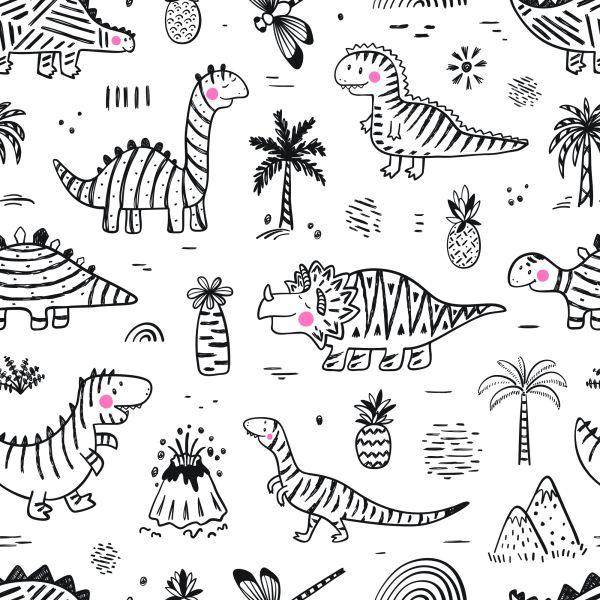 Behang Voor Kinderen, Dinosaurussen, Boombergen, Bloemen - Afbeelding 2