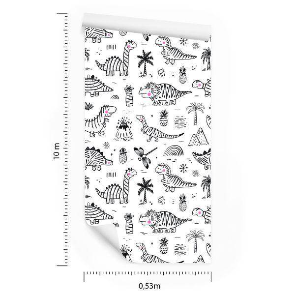 Behang Voor Kinderen, Dinosaurussen, Boombergen, Bloemen - Afbeelding 8