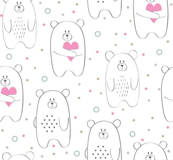Behang Voor Kinderen - Witte Teddyberen Met Roze Hartjes - Afbeelding 2