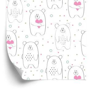 Behang Voor Kinderen - Witte Teddyberen Met Roze Hartjes