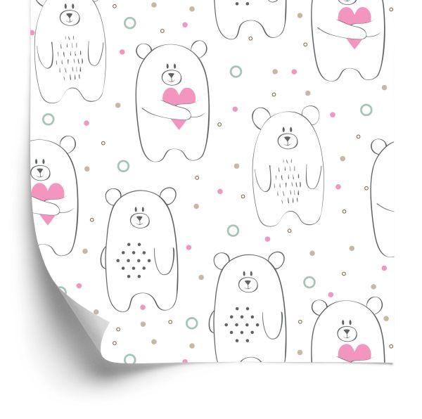 Behang Voor Kinderen - Witte Teddyberen Met Roze Hartjes