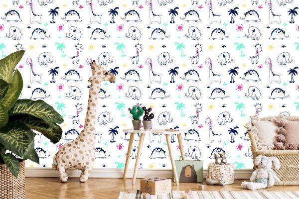 Behang Voor Kinderen, Dinosaurussen, Palmen, Planten - Afbeelding 5