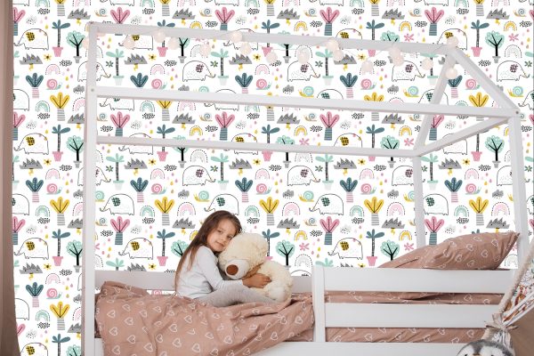 Behang Olifanten Wolken Palmbomen Voor Babykamer - Afbeelding 7