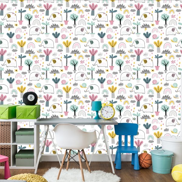 Behang Olifanten Wolken Palmbomen Voor Babykamer - Afbeelding 4