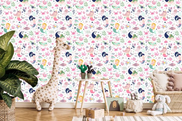 Behang Zeemeerminnen Met Schelpen Tekenfilms Voor De Babykamer - Afbeelding 5