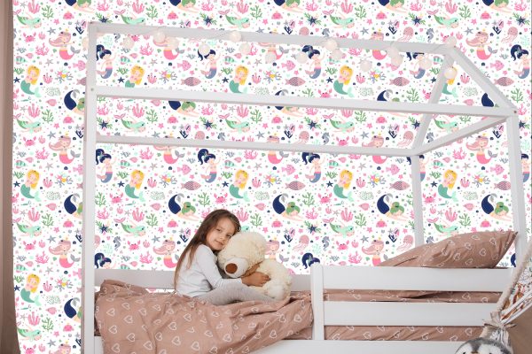 Behang Zeemeerminnen Met Schelpen Tekenfilms Voor De Babykamer - Afbeelding 7
