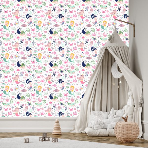 Behang Zeemeerminnen Met Schelpen Tekenfilms Voor De Babykamer - Afbeelding 3