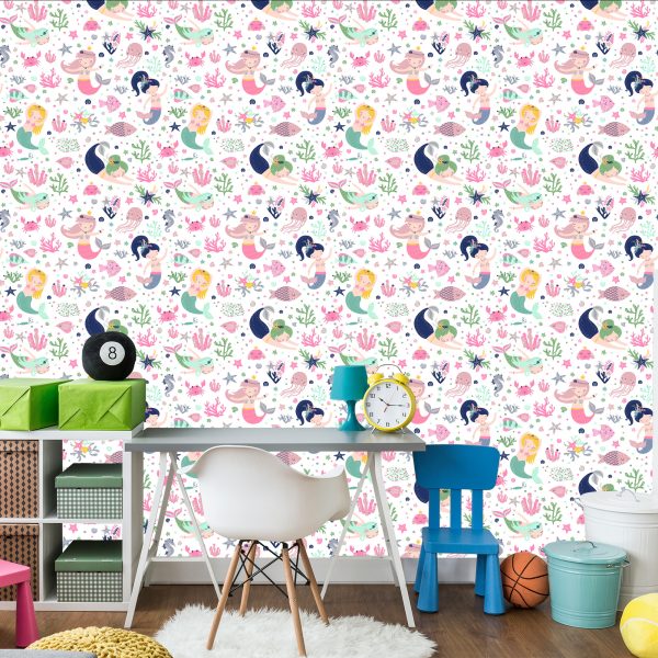 Behang Zeemeerminnen Met Schelpen Tekenfilms Voor De Babykamer - Afbeelding 4