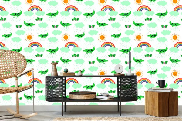 Behang Voor Kinderen, Krokodillen, Wolken, Regenboogbloemen - Afbeelding 5
