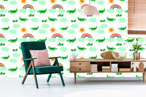 Behang Voor Kinderen, Krokodillen, Wolken, Regenboogbloemen - Afbeelding 6