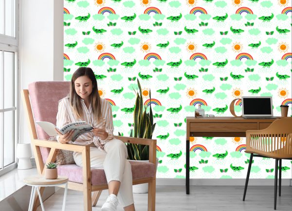 Behang Voor Kinderen, Krokodillen, Wolken, Regenboogbloemen - Afbeelding 7