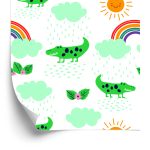 Behang Voor Kinderen, Krokodillen, Wolken, Regenboogbloemen