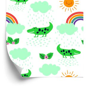 Behang Voor Kinderen, Krokodillen, Wolken, Regenboogbloemen