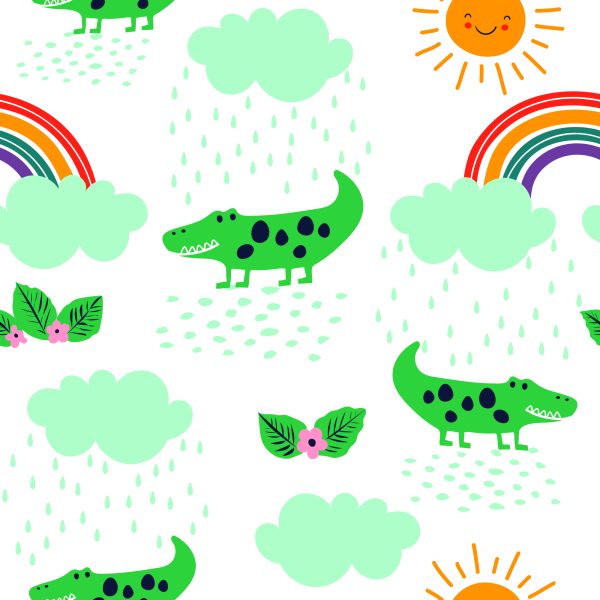 Behang Voor Kinderen, Krokodillen, Wolken, Regenboogbloemen - Afbeelding 2