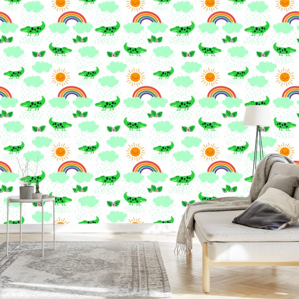 Behang Voor Kinderen, Krokodillen, Wolken, Regenboogbloemen - Afbeelding 3