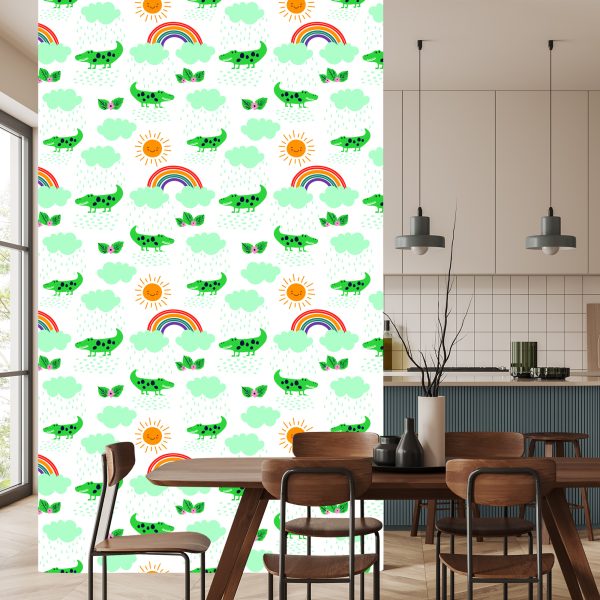 Behang Voor Kinderen, Krokodillen, Wolken, Regenboogbloemen - Afbeelding 4