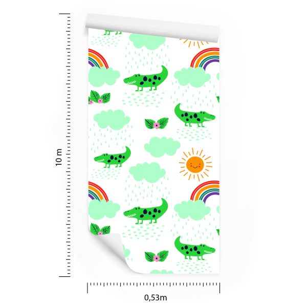 Behang Voor Kinderen, Krokodillen, Wolken, Regenboogbloemen - Afbeelding 8