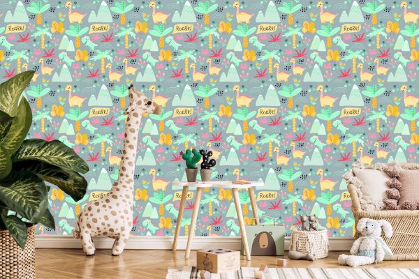 Behang Voor Kinderen Dinosaurussen, Bomen, Bloemen, Bergen - Afbeelding 5