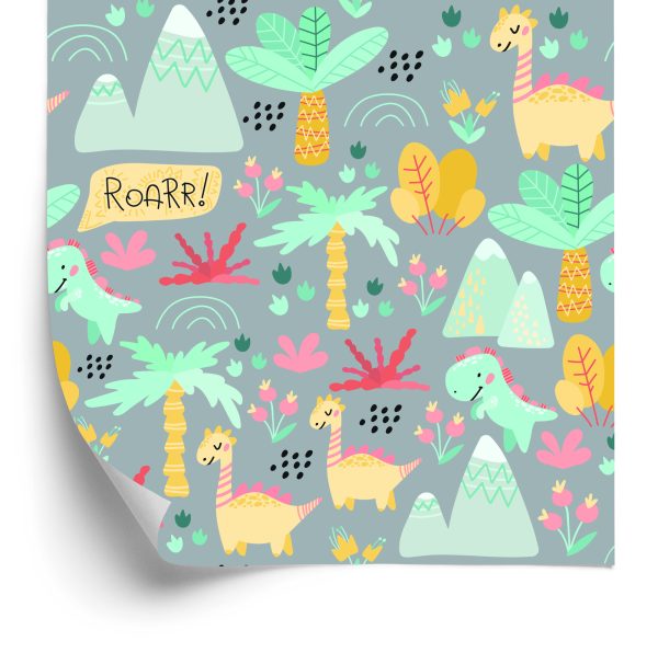Behang Voor Kinderen Dinosaurussen, Bomen, Bloemen, Bergen