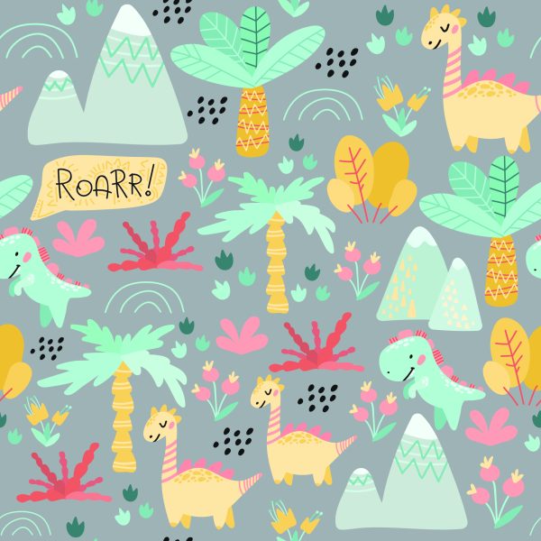 Behang Voor Kinderen Dinosaurussen, Bomen, Bloemen, Bergen - Afbeelding 2