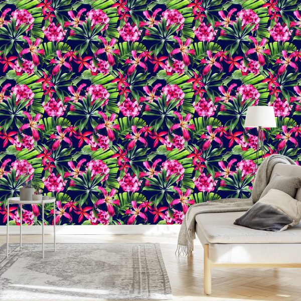Behang Exotische Bloemen Bladeren - Afbeelding 3
