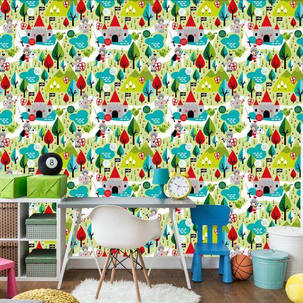 Behang Een Sprookje Voor Kinderen, Ridders, Draken, Bomen - Afbeelding 4