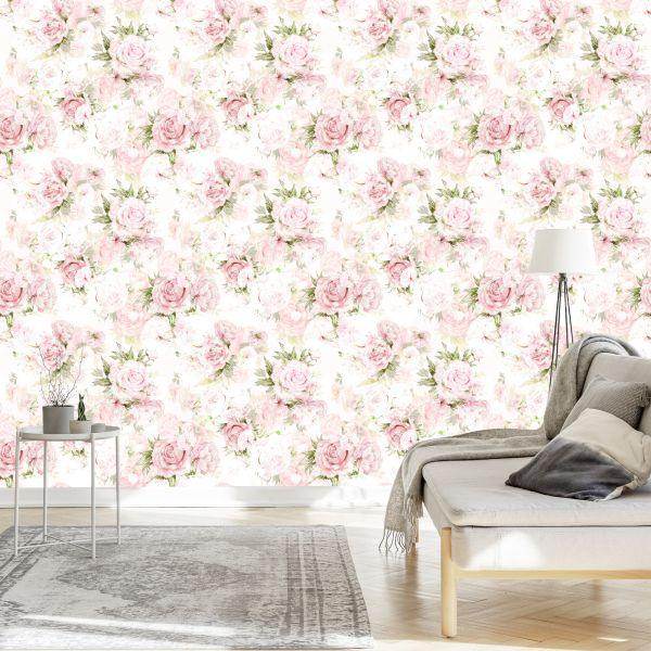 Behang Voor Slaapkamer Pastel Pioenrozen Bloemen Bladeren - Afbeelding 3