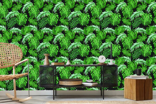 Behang Bladeren Van De Palm En Monstera - Afbeelding 5