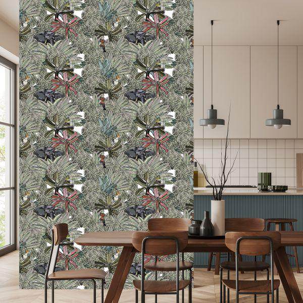 Behang Olifanten, Vogels En Bomen - Afbeelding 4