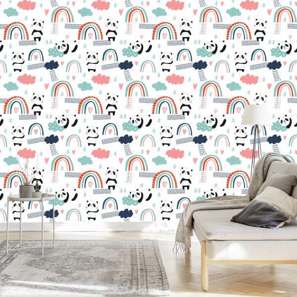 Behang Panda's Met Een Regenboog Op De Achtergrond - Afbeelding 3