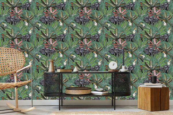 Behang Olifanten, Vogels En Bomen - Afbeelding 5