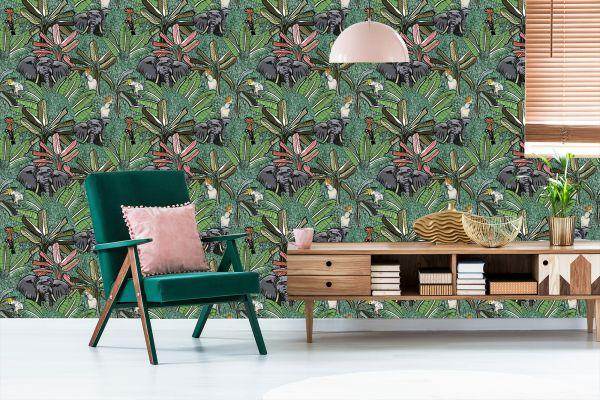 Behang Olifanten, Vogels En Bomen - Afbeelding 6