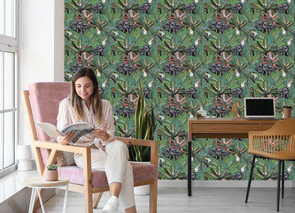 Behang Olifanten, Vogels En Bomen - Afbeelding 7