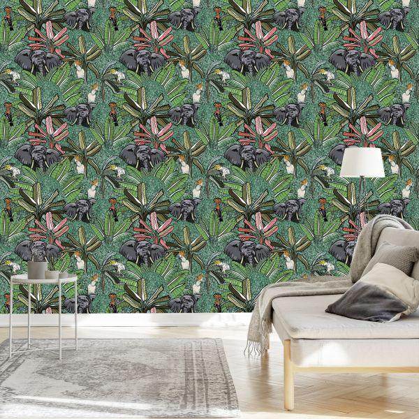 Behang Olifanten, Vogels En Bomen - Afbeelding 3