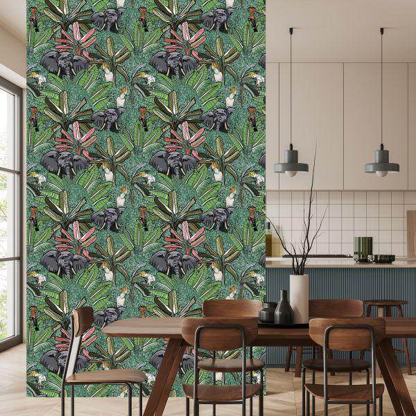 Behang Olifanten, Vogels En Bomen - Afbeelding 4