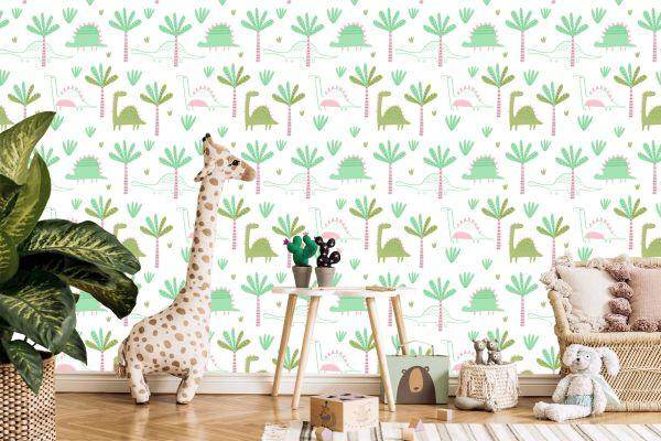 Behang Groene Kinderkamer In De Boom Dinosaurussen - Afbeelding 5