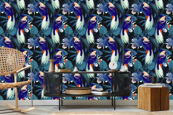 Behang Tropische Vogels, Bloemen En Bladeren - Afbeelding 5