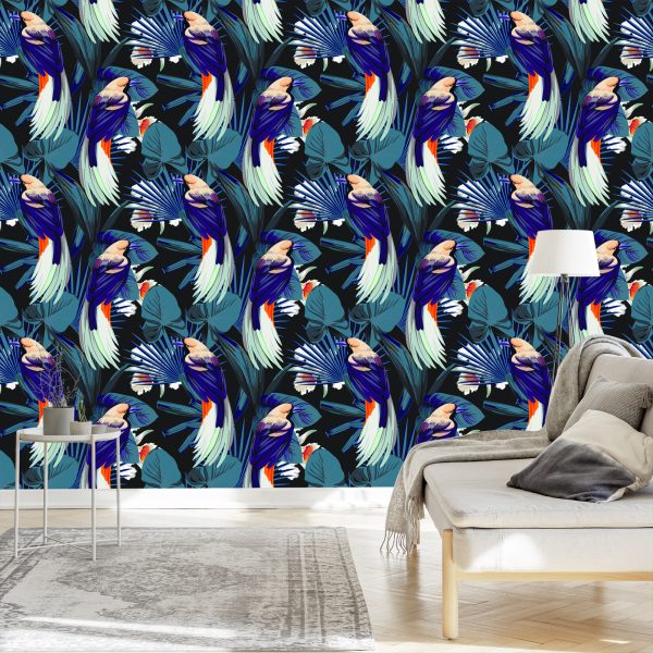 Behang Tropische Vogels, Bloemen En Bladeren - Afbeelding 3