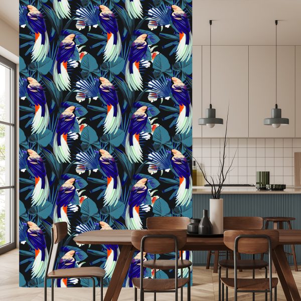 Behang Tropische Vogels, Bloemen En Bladeren - Afbeelding 4
