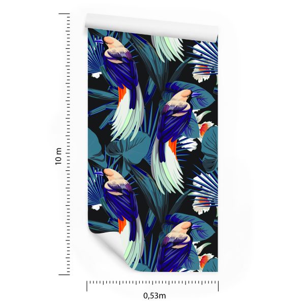 Behang Tropische Vogels, Bloemen En Bladeren - Afbeelding 8