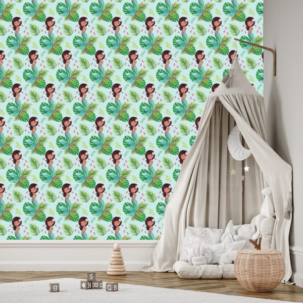 Behang Zeemeerminnen, Bloemen, Bladeren - Afbeelding 3