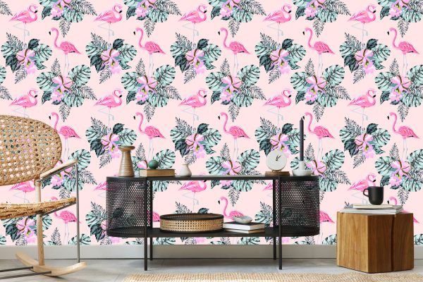 Behang Flamingo's En Bladeren - Afbeelding 5