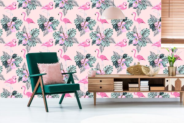Behang Flamingo's En Bladeren - Afbeelding 6