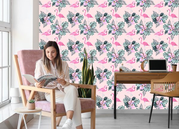 Behang Flamingo's En Bladeren - Afbeelding 7
