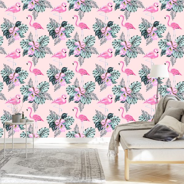 Behang Flamingo's En Bladeren - Afbeelding 3