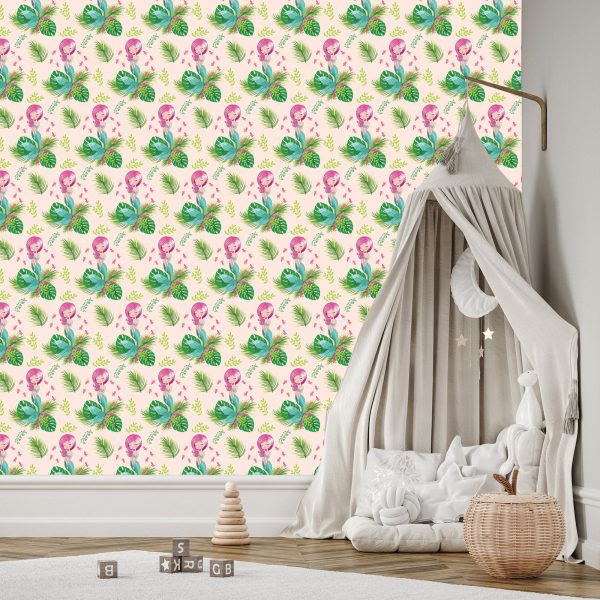Behang Voor Meisjes Zeemeerminnen Bloemen Planten - Afbeelding 3