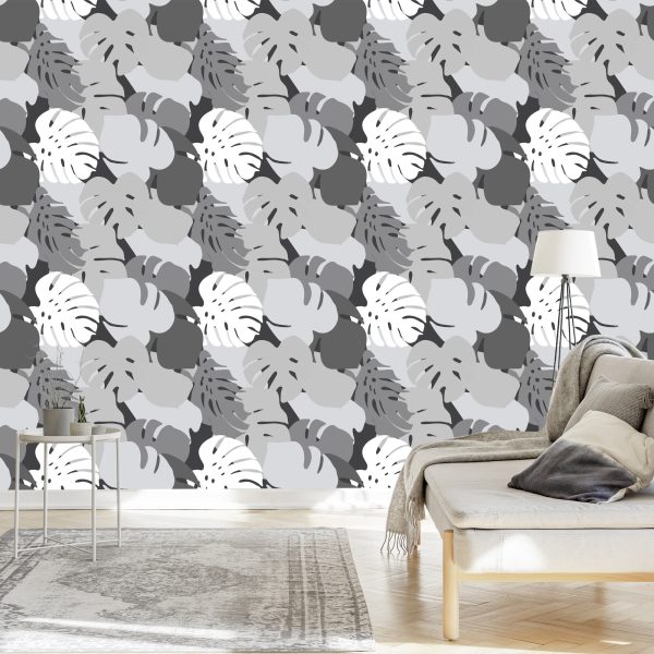 Behang Grijze Tropische Bladeren - Afbeelding 3