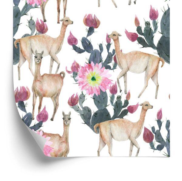 Behang Alpaca Cactussen En Bloemen