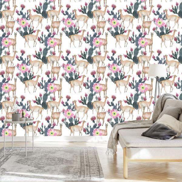 Behang Alpaca Cactussen En Bloemen - Afbeelding 3
