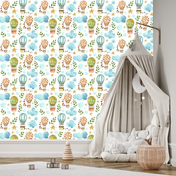 Behang Voor Kinderen, Ballonnen, Wolken, Sterplanten - Afbeelding 3